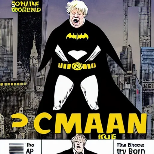 Image similar to comic cover book of boris johnson as batman ,