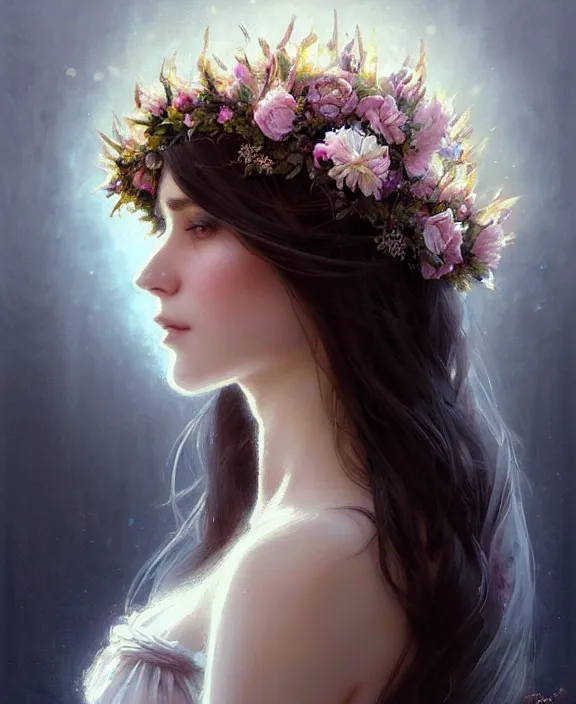 Prompt: masterpiece concept art of a beautiful brunette woman with pale skin and a flower crown in a white dress seated on an intricate shadow throne, a beautiful highly detailed fae lady, extremly emotional, cinematic moody colors, realistic shaded lighting poster by ilya kuvshinov, magali villeneuve, artgerm, jeremy lipkin and michael garmash and rob rey
