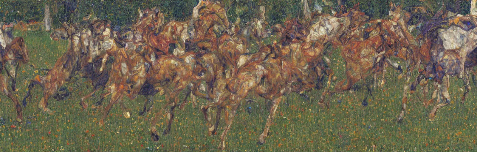 Image similar to lots of horses running through the field, hyper realistic, more details, they might be crawling, original oil on canvas painting by gustav klimt