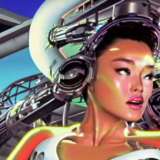 Image similar to a VHS still of a concept art with a photo of Tia Carrere as a solarpunk robotic humanoid, white mechanical parts with led lights, vaporwave artwork composition, Windows98 logo, in the movie Lifeforce (1985) 8k, intricate, pastel colors