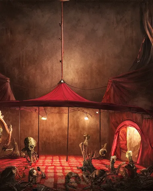 Image similar to the little circus of horrors, circus tent outside, creepy, hyper realistic, ambient lighting, horror art, hyper detailed, smooth