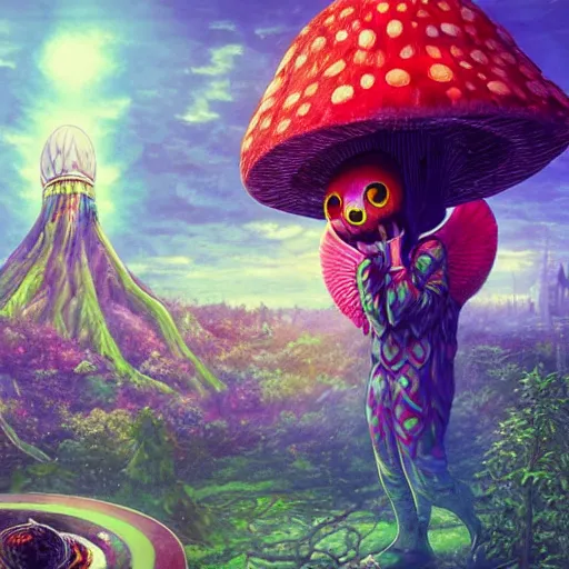 Image similar to 8K headshot Portrait of centered chest up of a psychedelic godlike mothman with giant mandala wings smoking a hand-rolled cigarette smoking heavily , magic mushroom village in background , post-processing , award winning. superb resolution. in the art style of Satoshi Kon and Greg Rutkowski . Detailed Mushroom city in background. Hyper realistic anime. Perfect art. Dalle2