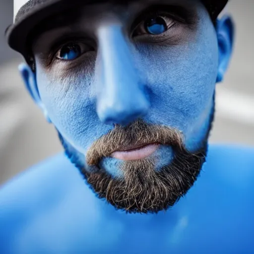 Prompt: fish eye lens close up photograph of a blue skin man with a goatee side eyeing the camera with a sympathetic look