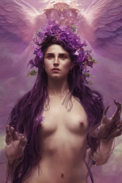 Image similar to A mystical mesmerizing 8k hyperrealistic taurus, transforming into a purple haze, soft, sharp focus, detailed, art by Greg Rutkowski and artgerm and Alphonse Mucha