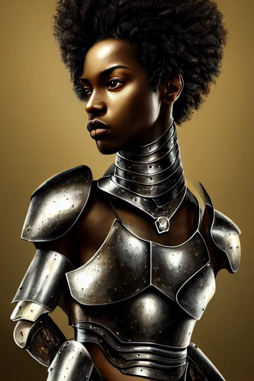 Image similar to a photorealistic painted portrait of an attractive young black girl, partially clothed in metal-plated battle armor, matt olive skin, long dark hair, flawless skin, beautiful bone structure, perfectly symmetric facial features, perfect photorealistic eyes, natural physique, intricate, elegant, digital painting, concept art, finely detailed, beautifully illustrated, sharp focus, minimal artifacts, from Metal Gear, by Ruan Jia and Mandy Jurgens and Artgerm and William-Adolphe Bouguerea, in the style of Greg Rutkowski, trending on Artstation, award winning art