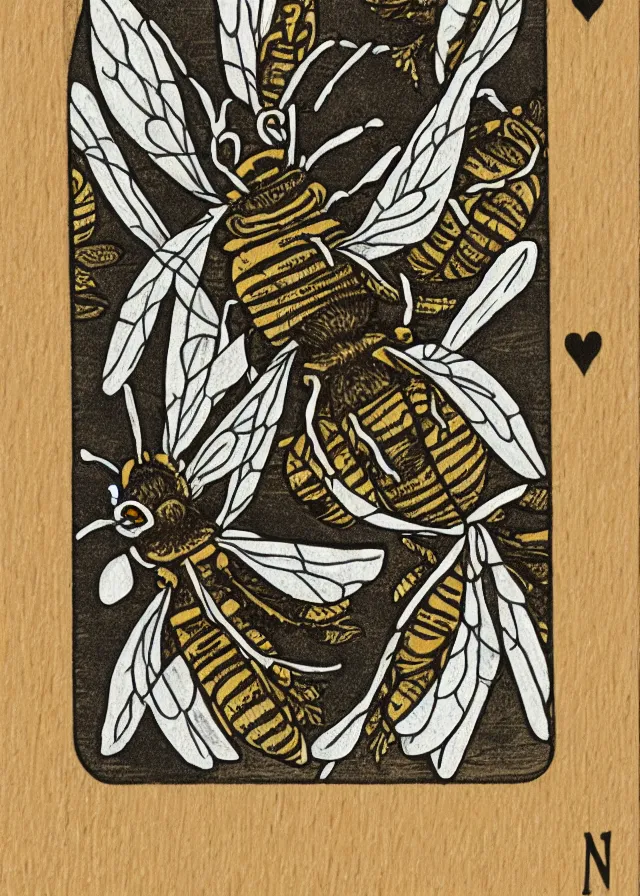 Prompt: 5 of bees, woodblock playing card