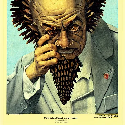 Image similar to pine cone headed man with hard black eyes very surprised, rule of thirds, super sharp, 4 k, ultra detailed, norman rockwell, richard corben.