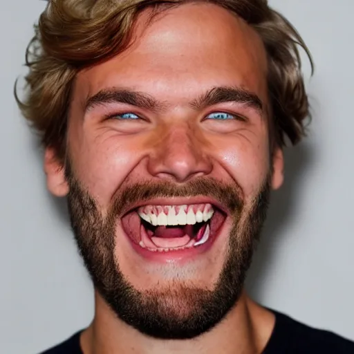 Prompt: PewDiePie laughing without any teeth, wild hair
