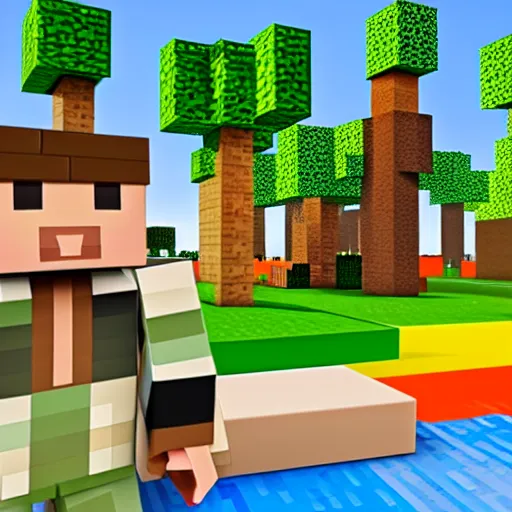 Image similar to block figures looking like roblox figures or minecraft players, playing with a computer in a block world, having fun in the sun, bright and fun colors