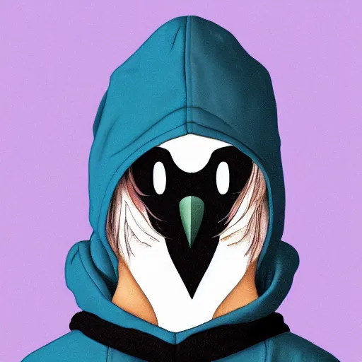 Image similar to front facing portrait. humanoid furry! anthro, anthro, anthro, avian, avian, avian!!! fursona, bird, bird, bird!!! digital art! trending on artstation! subject wearing hoodie and jeans!! subject is female!! female!!! big beak, big beak, big beak!!! blue feathers!! birdfolk!! owlkin!! Character design by charlie bowater, ross tran, artgerm, and makoto shinkai!!! detailed!!!