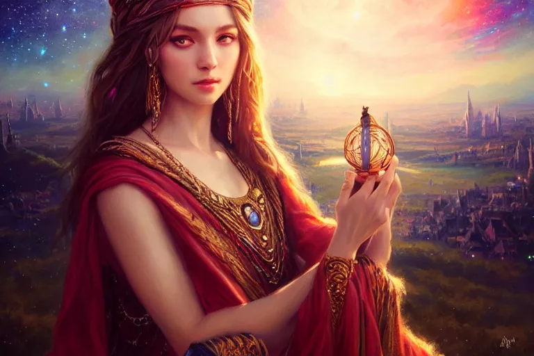 Image similar to masterpiece portrait charming and miracle female luxury astromancer boho accessories in dreamlike movie, high detailed face, art by artgerm, greg rutkowski, sasoura, satchely, big major starry sky and city in background, uhd, medium long shot, fantasy, no distorsion, sharp focus,