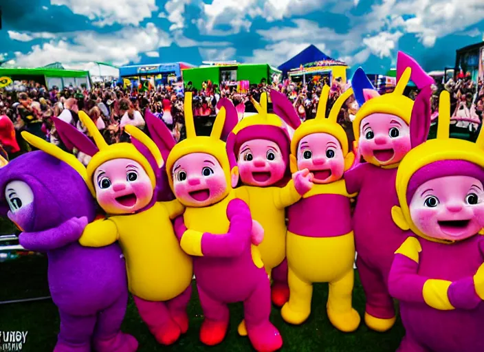 Image similar to photo still the teletubbies at the vans warped tour!!!!!!!! at age 3 6 years old 3 6 years of age!!!!!!!! dancing into the crowd, 8 k, 8 5 mm f 1. 8, studio lighting, rim light, right side key light