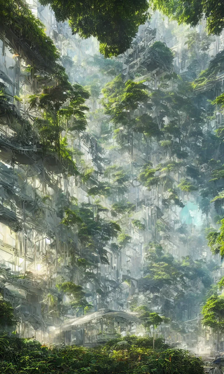 Image similar to Horizontal view, graffiti, animation concept art, Breath of the wilde, studio ghibli style, Clear reflection, A Luxury Monumental Futuristic graffiti in Art Nouveau Architecture, Crystal clear, sun rays:1.5 Lush vegetation with ferns, miyazaki, Craig Mullins dappled lighting, octane render, cinematic, photographic, realistic, highly detailed