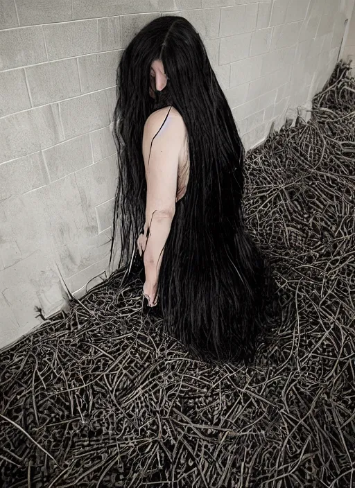 Image similar to a 1 4 year old girl with straight long black hair wearing black dress that sitting on bathroom floor, photo by patrick dougherty