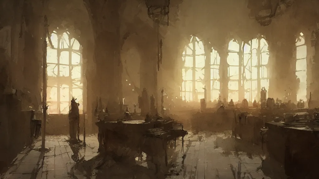 Prompt: interior of royal magistrate's office, papyrus, watercolored, jakub rozalski, dark colours, dieselpunk, artstation