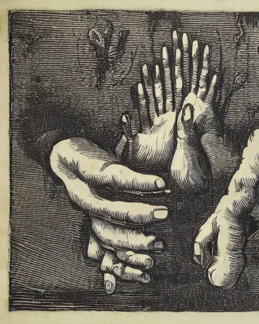 Prompt: a woodcut of billowy smoke surrounding a pair of floating hands by henricus hondius ii, featured on flickr, mannerism, grotesque, woodcut, macabre, highly detailed