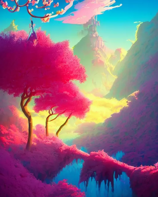 Image similar to candyland landscape | candies desserts cherry - blossoms | highly detailed | very intricate | fantasy whimsical magical | soft bright natural morning light | pixar | award - winning | matte painting by anton fadeev and paul lehr and rhads and alena aenami | pastel color palette | featured on artstation