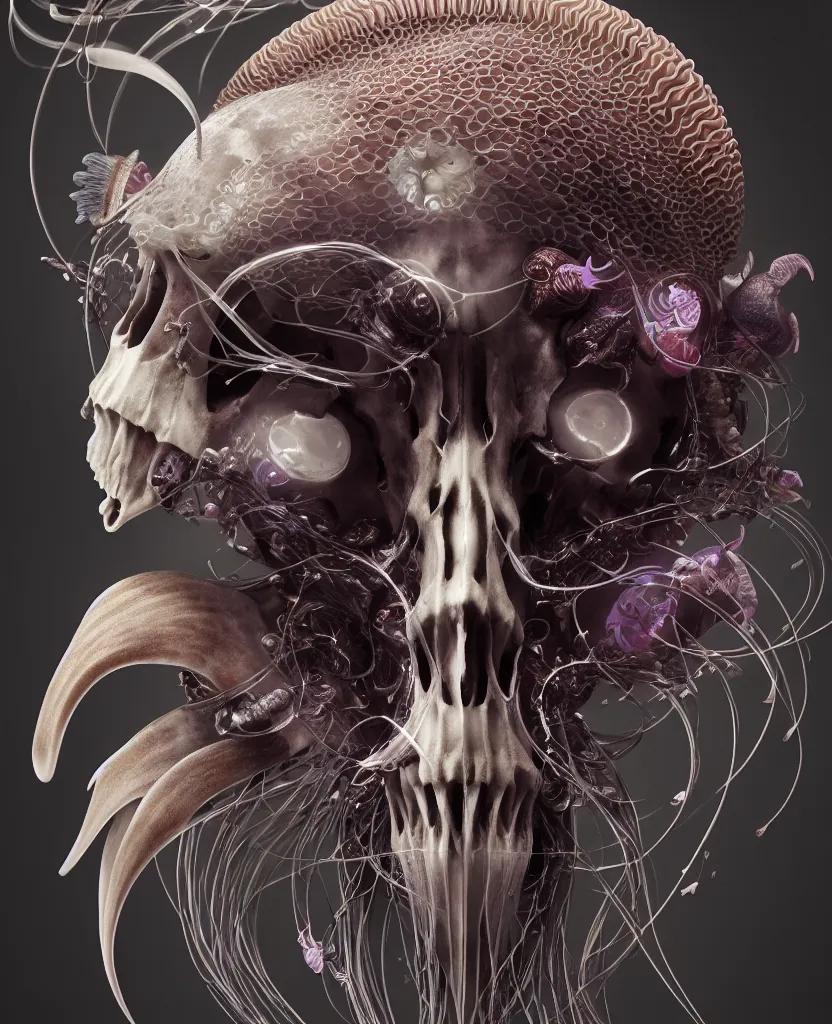 Image similar to goddess close-up portrait goat skull. jellyfish phoenix head, nautilus, orchid, skull, betta fish, bioluminiscent creatures, intricate artwork by Tooth Wu and wlop and beeple. octane render, trending on artstation, greg rutkowski very coherent symmetrical artwork. cinematic, hyper realism, high detail, octane render, 8k