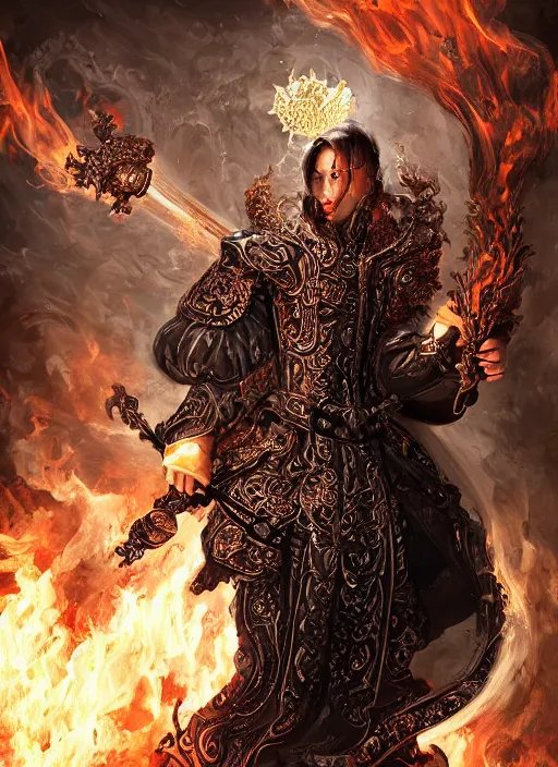 Image similar to high intricate male priest with white baroque armor and black garment fighting a fire demon, maria panfilova, andrea savchenko, mike kime, ludovic plouffe, qi sheng luo, oliver cook, trending on artstation