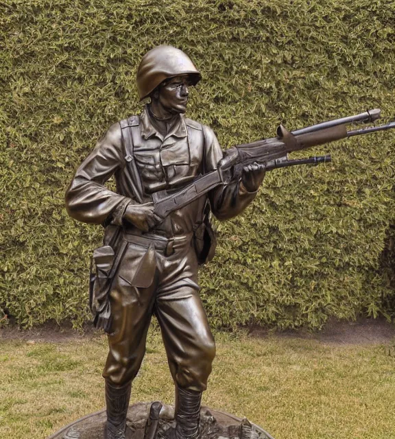 Image similar to a 4 k photorealistic photo wide shot of a bronze statue of an american soldier holding a rifle