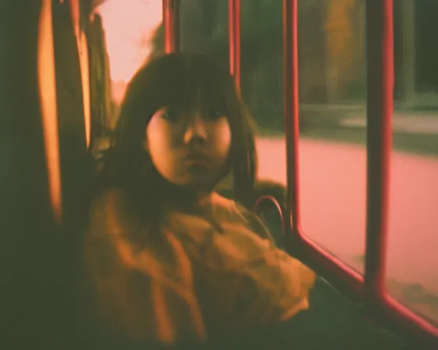 Image similar to lomo photo of shy goth girl sitting in empty bus, sunset, cinestill, bokeh