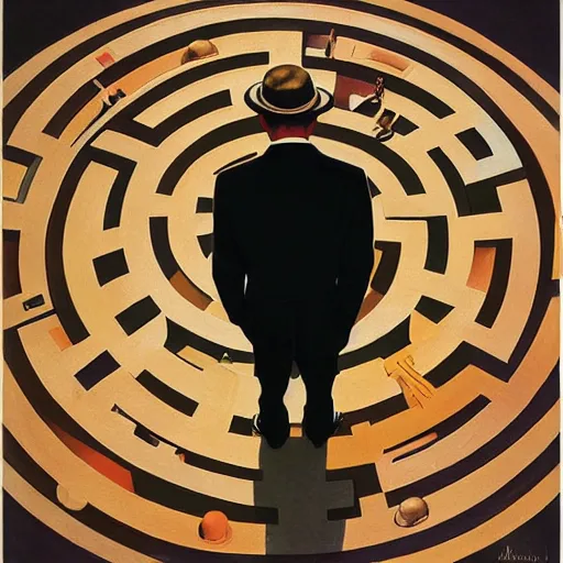 Prompt: A suited man in a hat, standing in the middle of a circular head-shaped maze labyrinth, overhead shot, wide shot, painting, stylistic, art by Norman Rockwell