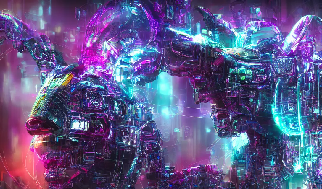 Image similar to complex cyberpunk machine background merged with evil cybernetic goat head, symmetric, multicolored digital art, 8k