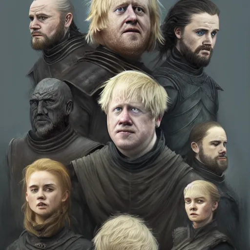 Prompt: the cast of game of thrones as boris johnson, anatomy, bathed in light, highly detailed, photorealistic, artstation, smooth, sharp focus, illustration, unreal engine 5, 8 k, art by artgerm and greg rutkowski and edgar maxence