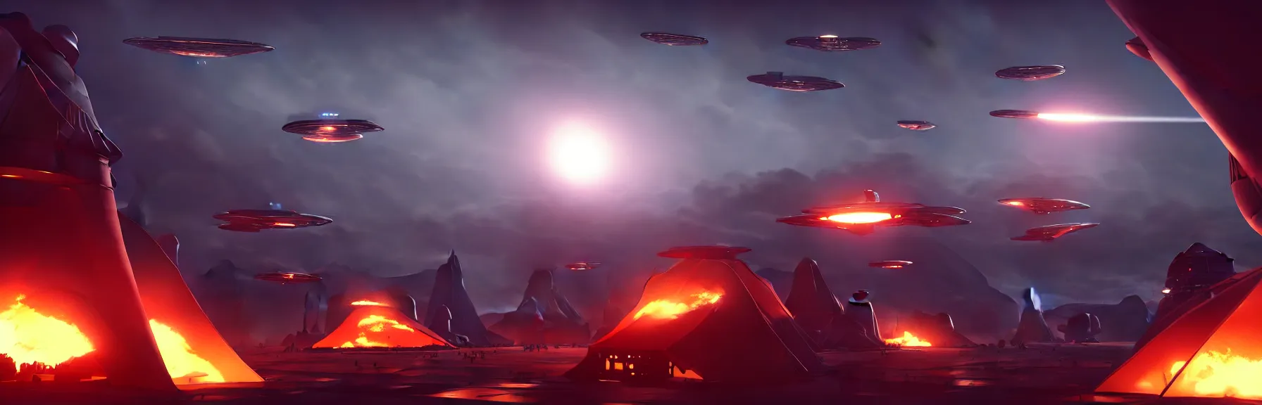 Image similar to sci - fi high tech tents are on fire. mighty futuristic zeppelins hover in the sky above you, cruise missile strikes, a little further away, a camp is bombarded from the air, intricate and epic concept art, highly detailed, 8 k, cinematic ; artstation, unreal engine 5