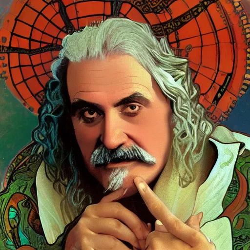 Prompt: billy connolly painted by salvadore dali in the style of the four seasons by alphonse mucha. cyberpunk dystopian portrait. high quality digital art render. 4 k