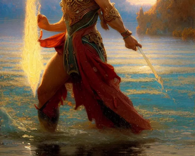 Image similar to attractive male wizard casting powerful wave water spell in a beautiful lake. highly detailed painting by gaston bussiere, craig mullins, j. c. leyendecker 8 k