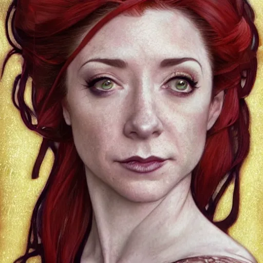 Image similar to a stunningly detailed illuminated manuscript of a beautiful alyson hannigan dressed as poison ivy with white skin and with hair pulled up in a ponytail, dark eyeliner, intricate, elegant, highly detailed, digital painting, artstation, concept art, sharp focus, illustration, art by greg rutkowski and alphonse mucha