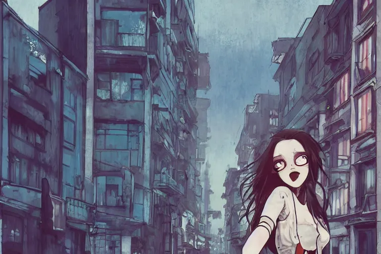 Prompt: urban school zombie girl in tattered clothes with a city street of Buenos aires in the background, dark blue long hair, muted colors, matte print, pastel colors, ornate, digital art, cute smile, digital painting, fan art, elegant, pixiv, by Ilya Kuvshinov, by Studio Ghibli