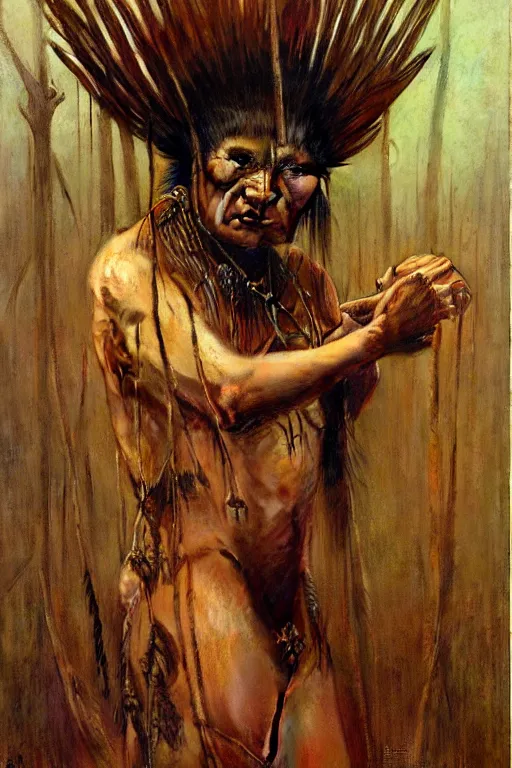 Prompt: a portrait of yanomami by wayne barlowe, gustav moreau, goward,  Gaston Bussiere and roberto ferri, santiago caruso, and austin osmanh spare, ((((occult art))))