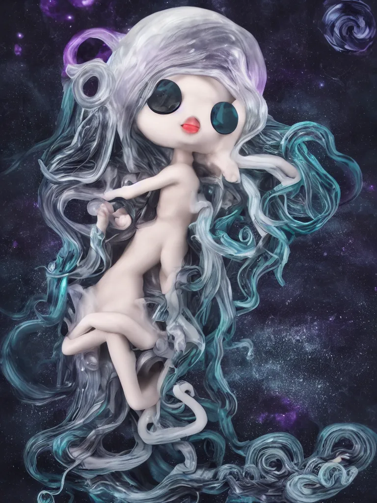 Prompt: cute fumo plush gothic translucent octopus maiden alien girl combing her hair in the waves of the wavering dark galactic abyss, black dress with ribbons, ocean wave thunderstorm and reflective splashing water, black and white, ocean simulation, vignette, vray