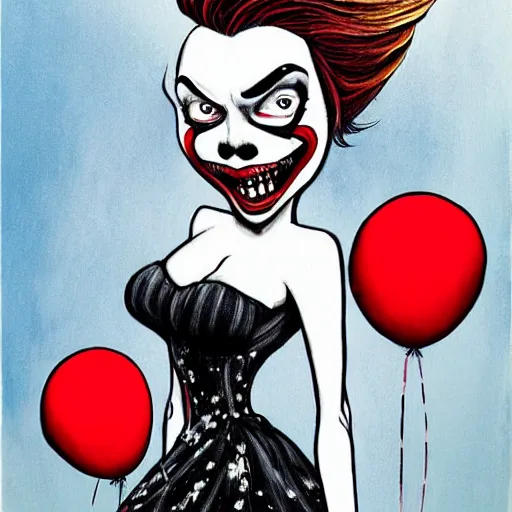 Image similar to grunge cartoon painting of margot robbie with a wide smile and a red balloon by chris leib, loony toons style, pennywise style, corpse bride style, horror theme, detailed, elegant, intricate