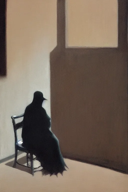 Prompt: dark figure seated on chair, face covered with veil, fog, early morning, , painted by Edward Hopper and Francis Bacon, painted by Wayne Barlow, airbrush, art by TakatoYamamoto