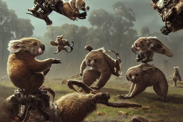 Prompt: steampunk family fighting a horde of crazy killer koalas, 3d scene, render, ultra realistic, zenith view, Greg Rutkowski, artstation, cgsociety, unreal engine, ray tracing, detailed illustration, hd, 4k, digital art, overdetailed art, concept art, complementing colors, Trending on artstation, deviantart