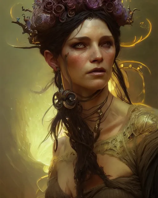 Prompt: woman witch, fantasy character portrait, ultra realistic, concept art, intricate details, highly detailed by greg rutkowski, gaston bussiere, craig mullins, simon bisley, alphonso mucha