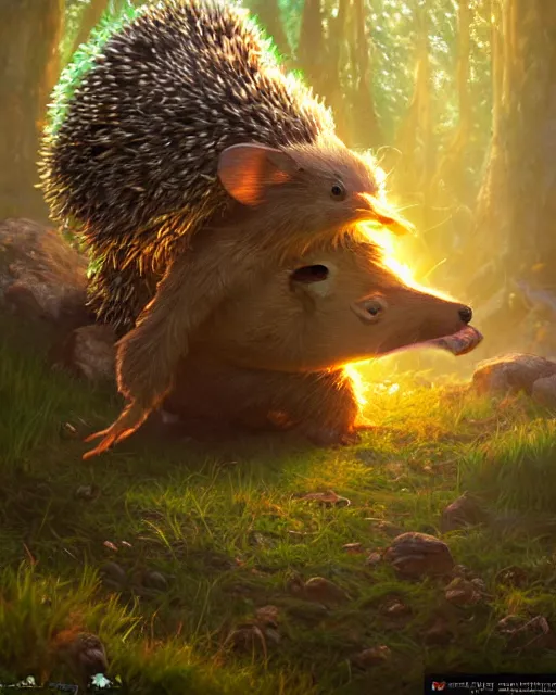 Prompt: oil painting of a Anthropomorphized hedgehog shaman casting nature spell, magical glow, sharp focus, heroic pose, fantasy style, octane render, volumetric lighting, 8k high definition, by greg rutkowski, highly detailed, trending on art Station, magic the gathering artwork, Woodland background, centered