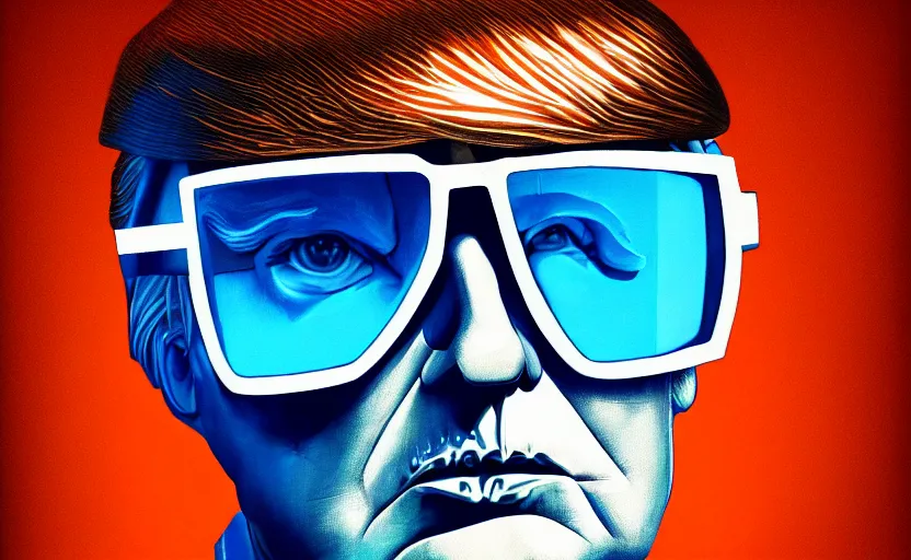 Prompt: closeup painting of donald trump, cyberpunk, wearing light blue shutter shades and a dark brown leather jacket, portrait, hyperdetailed, artstation, cgsociety, 8 k, synthwave by tangerine dream