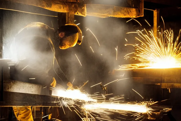 Image similar to blacksmith working, yellow sparks, rays of light trough a window, atmospheric, dramatic lighting, beautiful