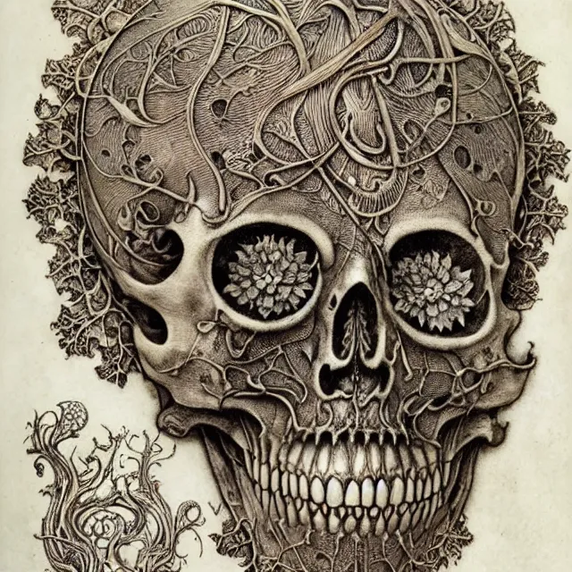 Image similar to memento mori by arthur rackham, art forms of nature by ernst haeckel, exquisitely detailed, art nouveau, gothic, ornately carved beautiful skull dominant, intricately carved antique bone, art nouveau botanicals, ornamental bone carvings, art forms of nature by ernst haeckel, horizontal symmetry, arthur rackham, ernst haeckel, symbolist, visionary