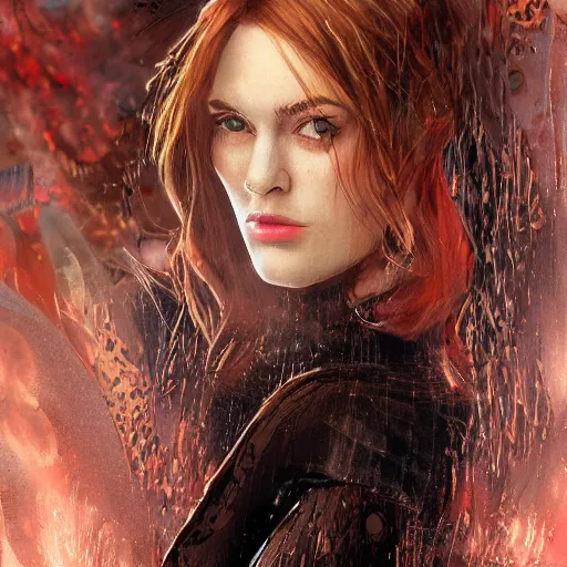 Image similar to beautiful female mage with red hair, keira knightley, black clothing, dark feathered wings, intricate, highly detailed face, trending on artstation, dramatic lighting, hyperrealistic, fantasy, portrait, highly detailed, headshot, digital painting, trending on artstation, concept art, sharp focus, illustration