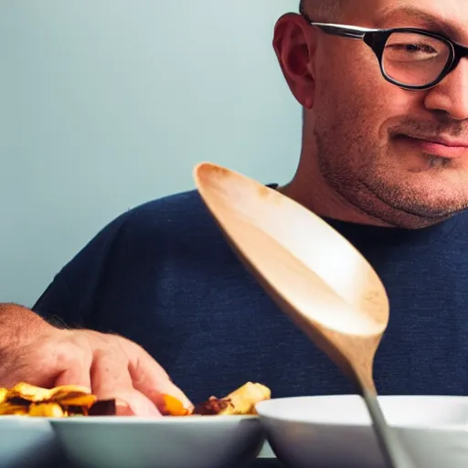 Prompt: a man peeking above a table and looking at a spoon