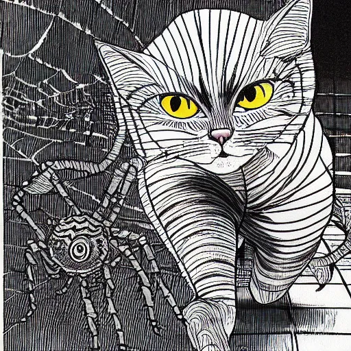 Image similar to a cat with spider legs and a thousand eyes, walking towards camera, highly detailed, by junji ito.