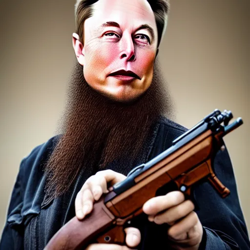 Prompt: a portrait elon musk wearing a long beard joining the taliban while holding a rifle, fine details, 8 k photography, depth of field, bokeh. i