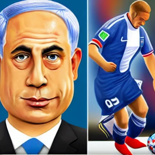 Image similar to Benjamin Netanyahu as a FIFA player, caricature, detailed