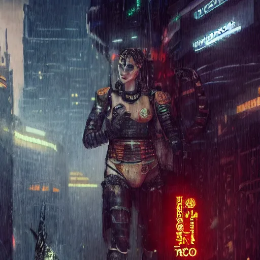 Image similar to a midieval warrior wearing tacos for armor, in the a blade runner like city, detailed, 4k,