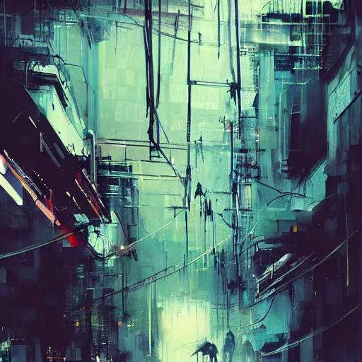 Image similar to a cyberpunk, wires, machines, in a dark future city by jeremy mann, francis bacon and agnes cecile, ink drips, paint smears, digital glitches glitchart c - 1 0